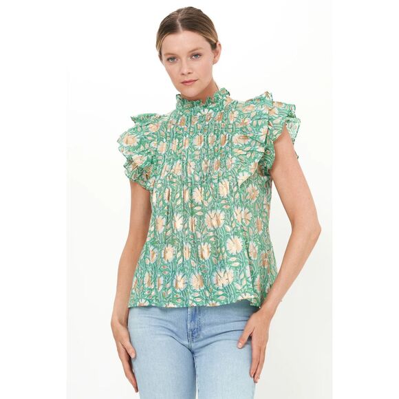 Oliphant Tops - NWOT Oliphant Pintuck Floral Ruffle Top Block Print Green Size Small $188.00